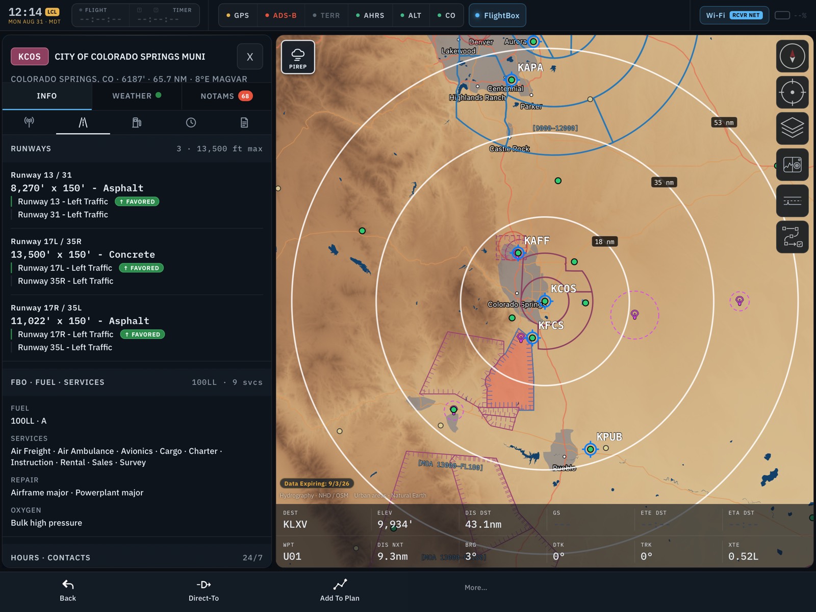 Airport information for Colorado Springs beside the terrain map