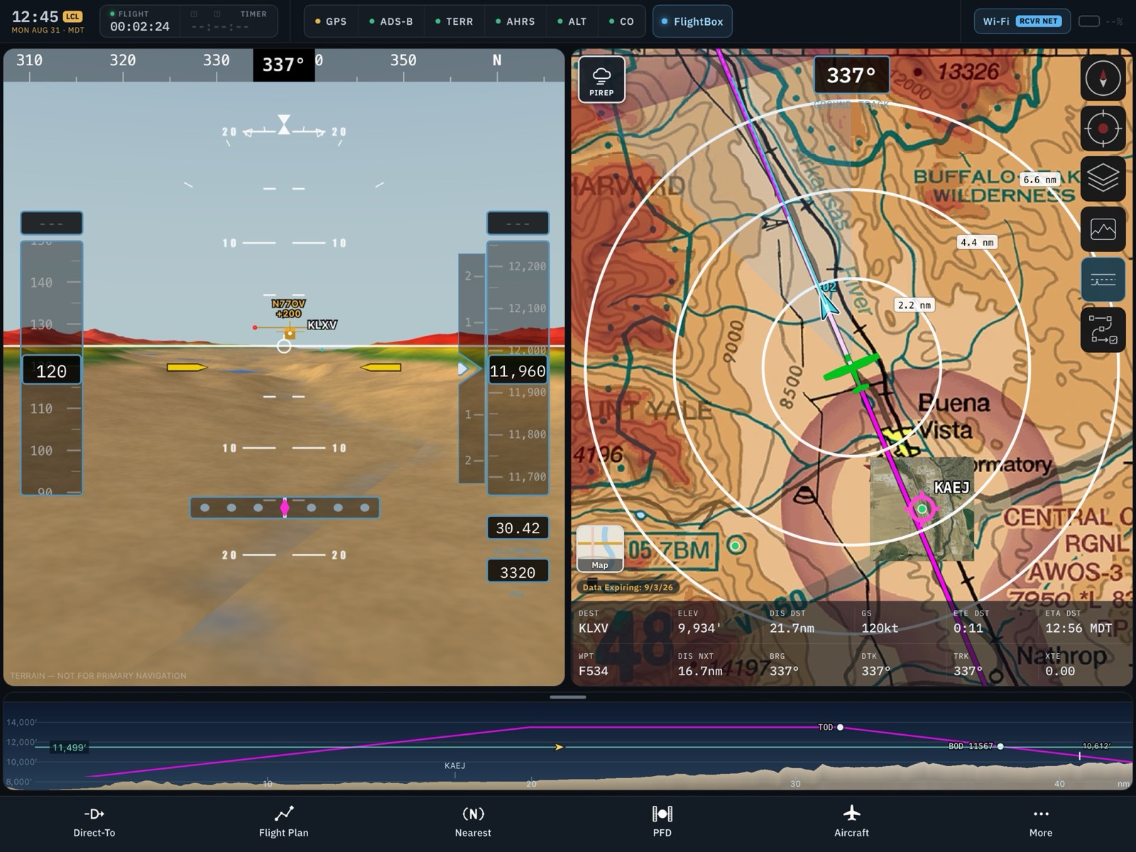 Synthetic vision beside a terrain chart