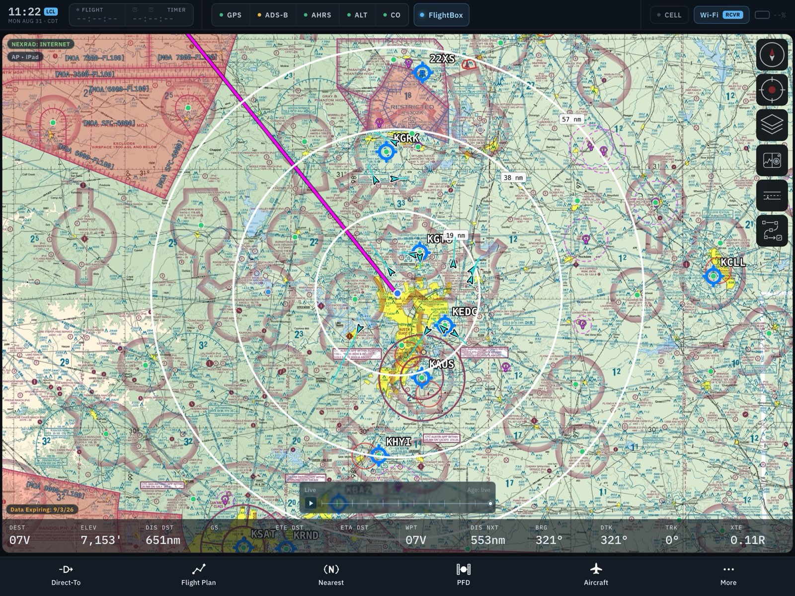 Falken EFB showing a VFR sectional with a planned route