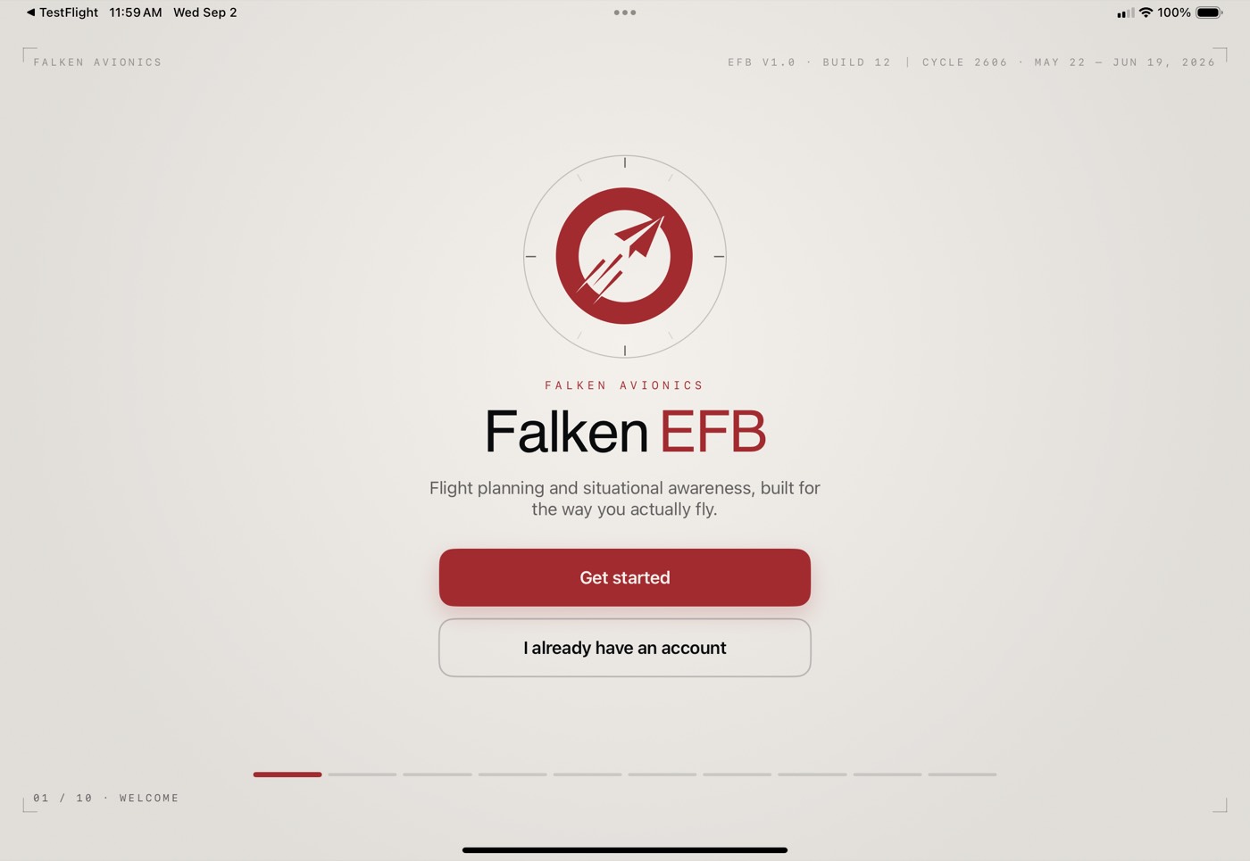 Falken EFB welcome screen