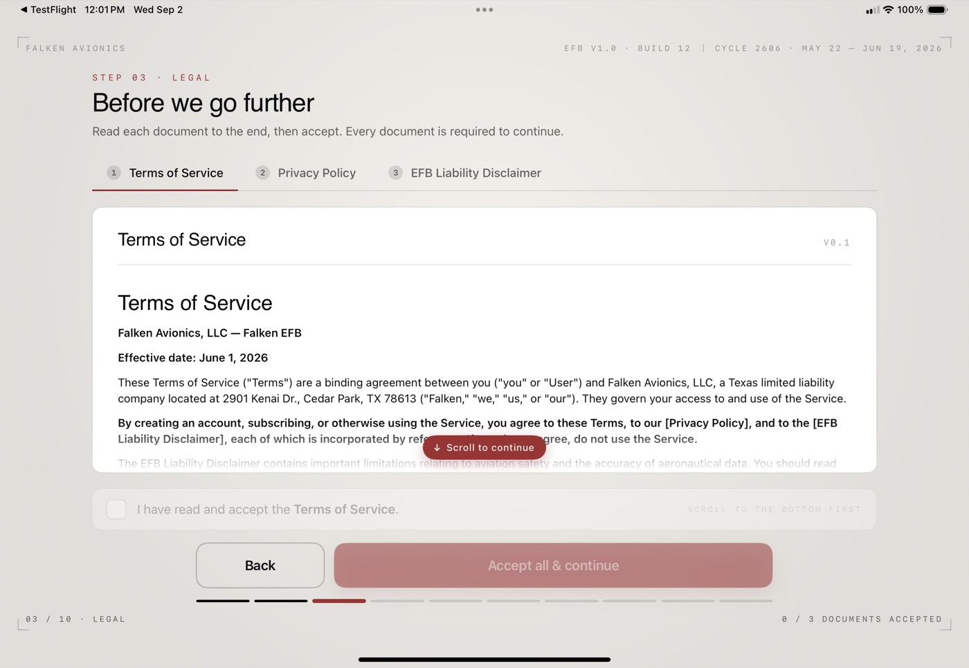 Terms of service legal screen