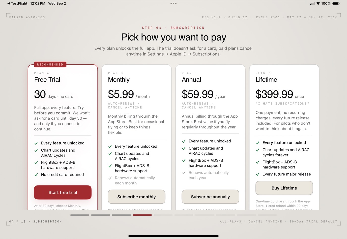 Plan selection screen with four plans