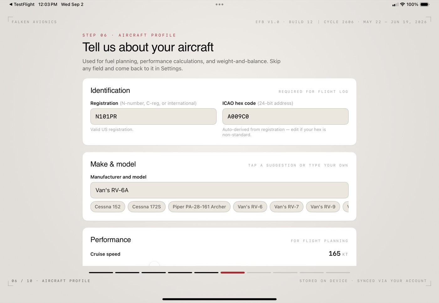 Aircraft profile screen
